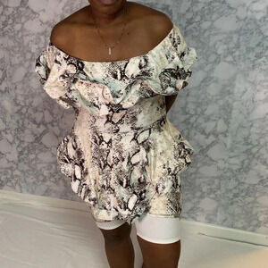 Taste Fashion Snake Print Romper: Size Large, Ruffled Top and Bottom. Trendy